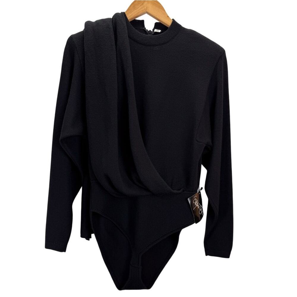 VTG St John Knit Bodysuit Top Womens M Black 80s Long Slvd Scarf Flaw Rare NWT